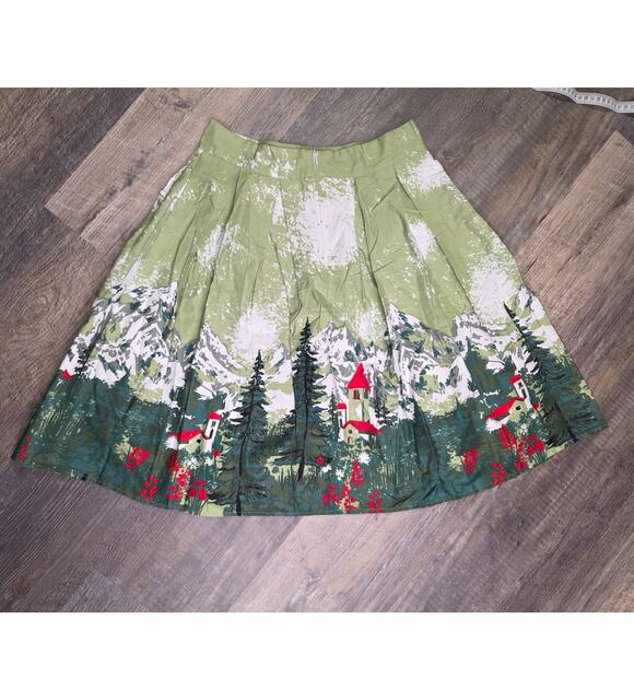 Dressoar Dresses & Skirts - Dressoar Green Alpine Village Mountain Scene Pleated A-Line Skirt Size M NWT